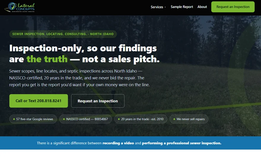 Lateral Concepts sewer inspection website built by Specials Digital Systems