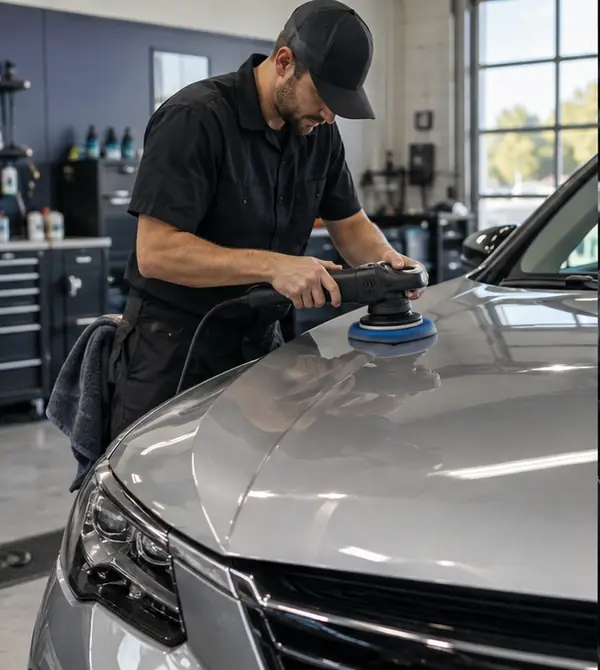 Illustrative auto-detailing professional polishing a car